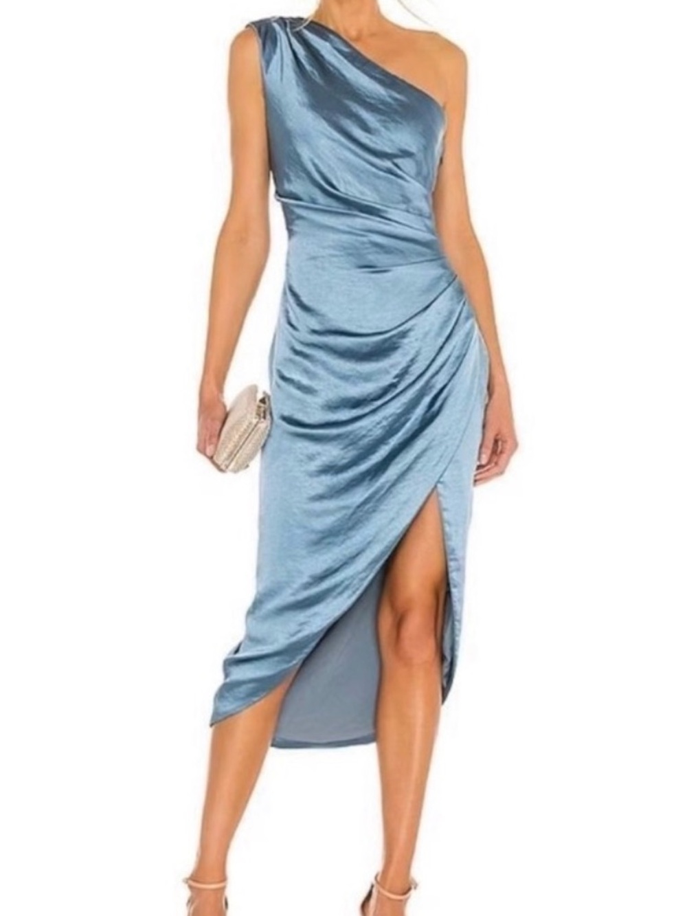 Elliatt One-Shoulder Satin Midi Dress in Dusty Blue